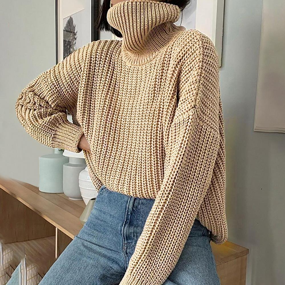 Khaki Women Sweater Turtleneck Long Sleeve Knitted Pullover - VirtuousWares:Global