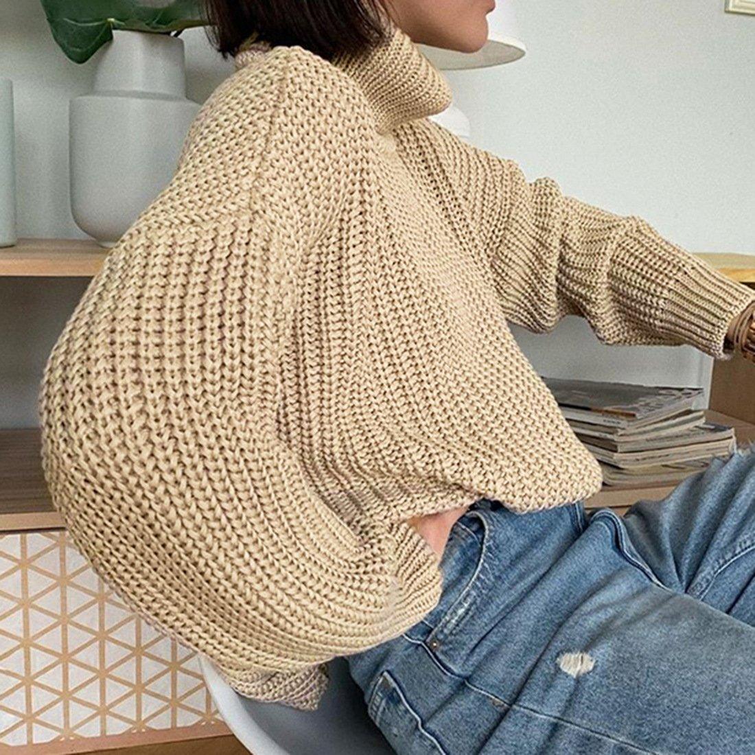 Khaki Women Sweater Turtleneck Long Sleeve Knitted Pullover - VirtuousWares:Global