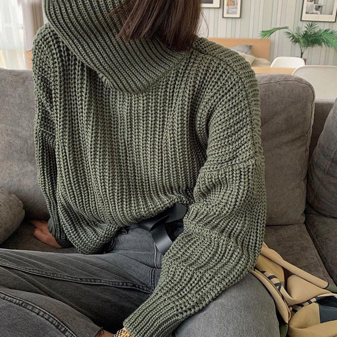 Khaki Women Sweater Turtleneck Long Sleeve Knitted Pullover - VirtuousWares:Global