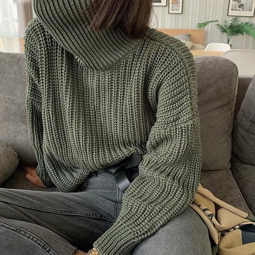 Khaki Women Sweater Turtleneck Long Sleeve Knitted Pullover - VirtuousWares:Global