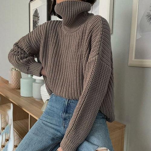 Khaki Women Sweater Turtleneck Long Sleeve Knitted Pullover - VirtuousWares:Global