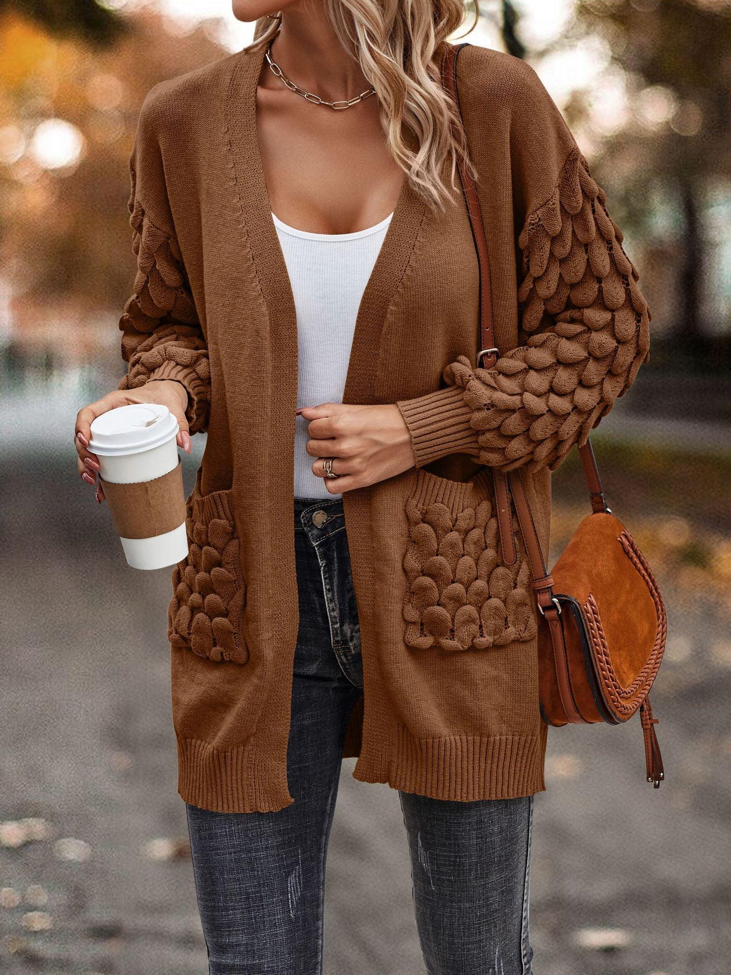 Knit Cardigan Female Top Long Sleeve Coat Women Side Pockets Casual - VirtuousWares:Global