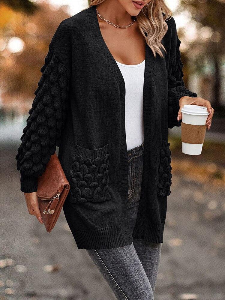 Knit Cardigan Female Top Long Sleeve Coat Women Side Pockets Casual - VirtuousWares:Global