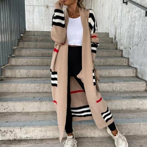 Knitted Cardigan Striped Patchwork Loose Long Outerwear - VirtuousWares:Global