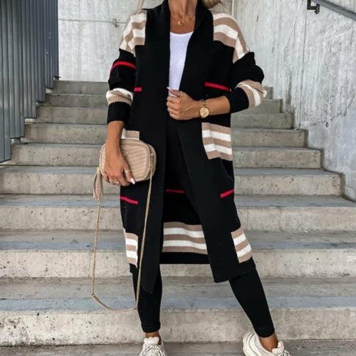 Knitted Cardigan Striped Patchwork Loose Long Outerwear - VirtuousWares:Global