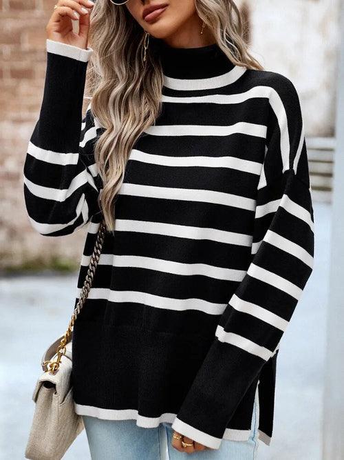 Knitted Pullover Winter KnitwearsTurtleneck Spliced Stripe Long Sleeve - VirtuousWares:Global