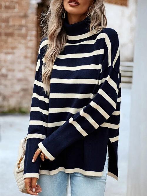 Knitted Pullover Winter KnitwearsTurtleneck Spliced Stripe Long Sleeve - VirtuousWares:Global