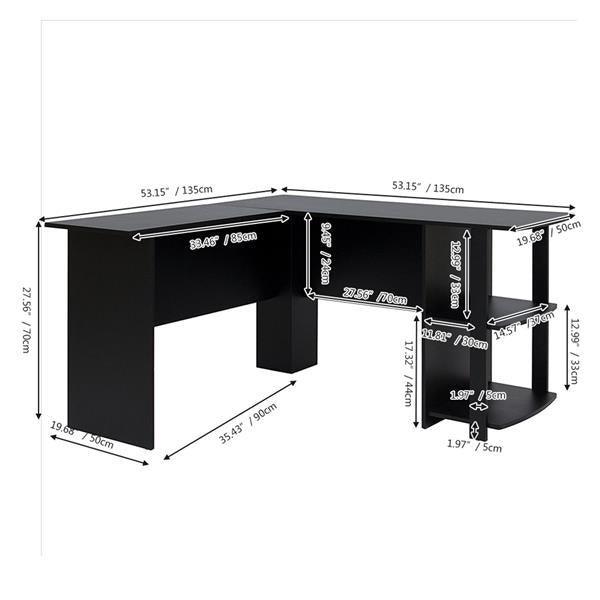 L-Shaped Wood Right-angle Computer Desk with Two-layer Bookshelves - VirtuousWares:Global