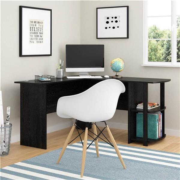 L-Shaped Wood Right-angle Computer Desk with Two-layer Bookshelves - VirtuousWares:Global