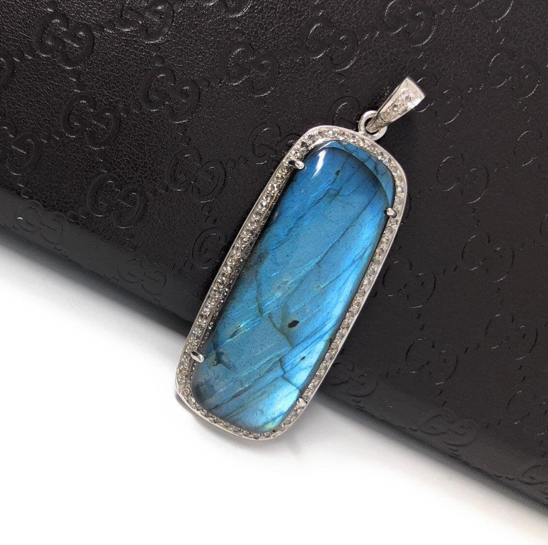 Labradorite Pave Diamond Pendant, Labradorite Gemstone Pendant, Sterli - VirtuousWares:Global