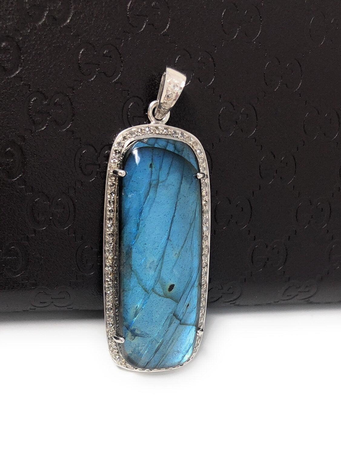 Labradorite Pave Diamond Pendant, Labradorite Gemstone Pendant, Sterli - VirtuousWares:Global