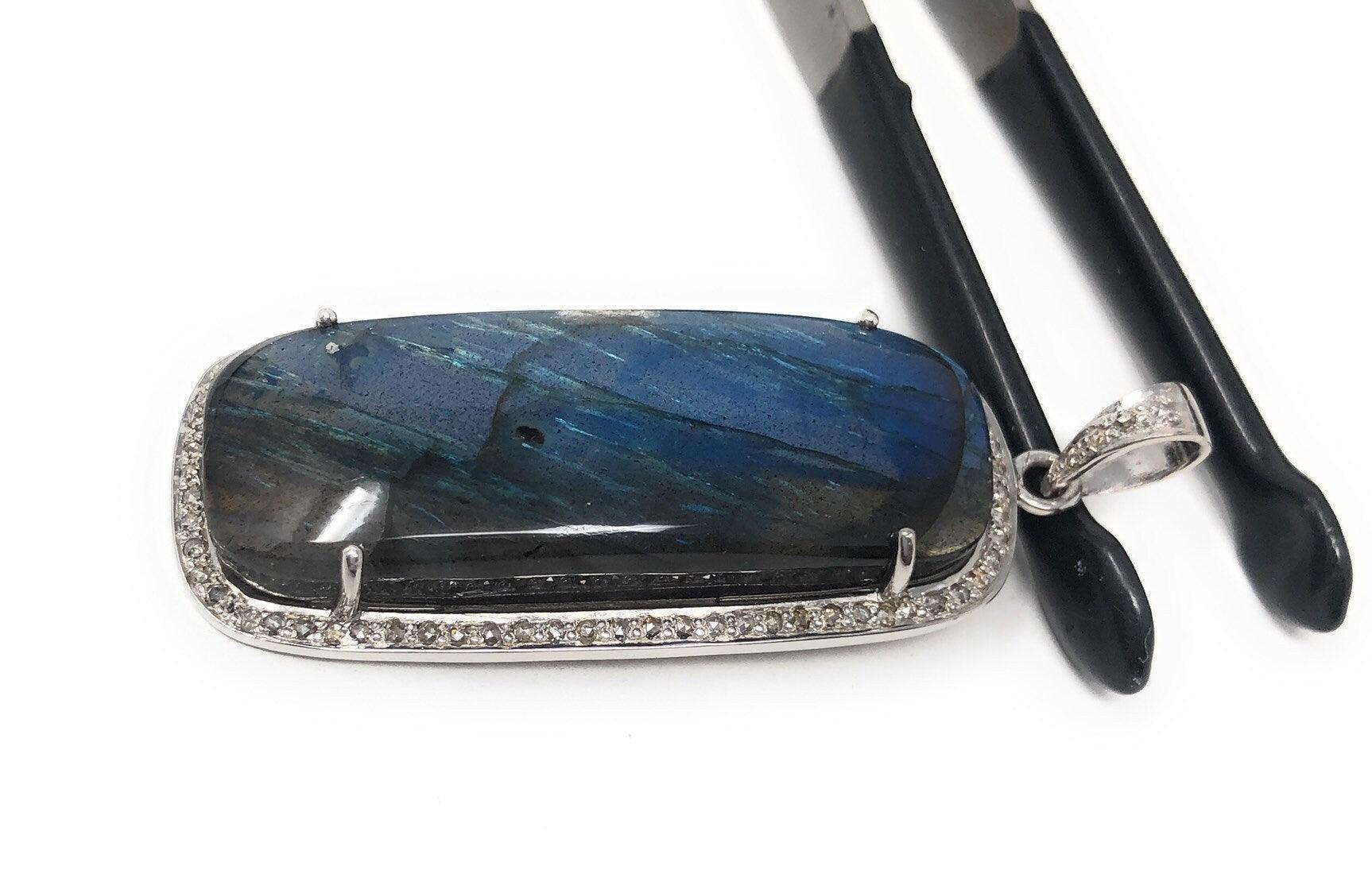 Labradorite Pave Diamond Pendant, Labradorite Gemstone Pendant, Sterli - VirtuousWares:Global