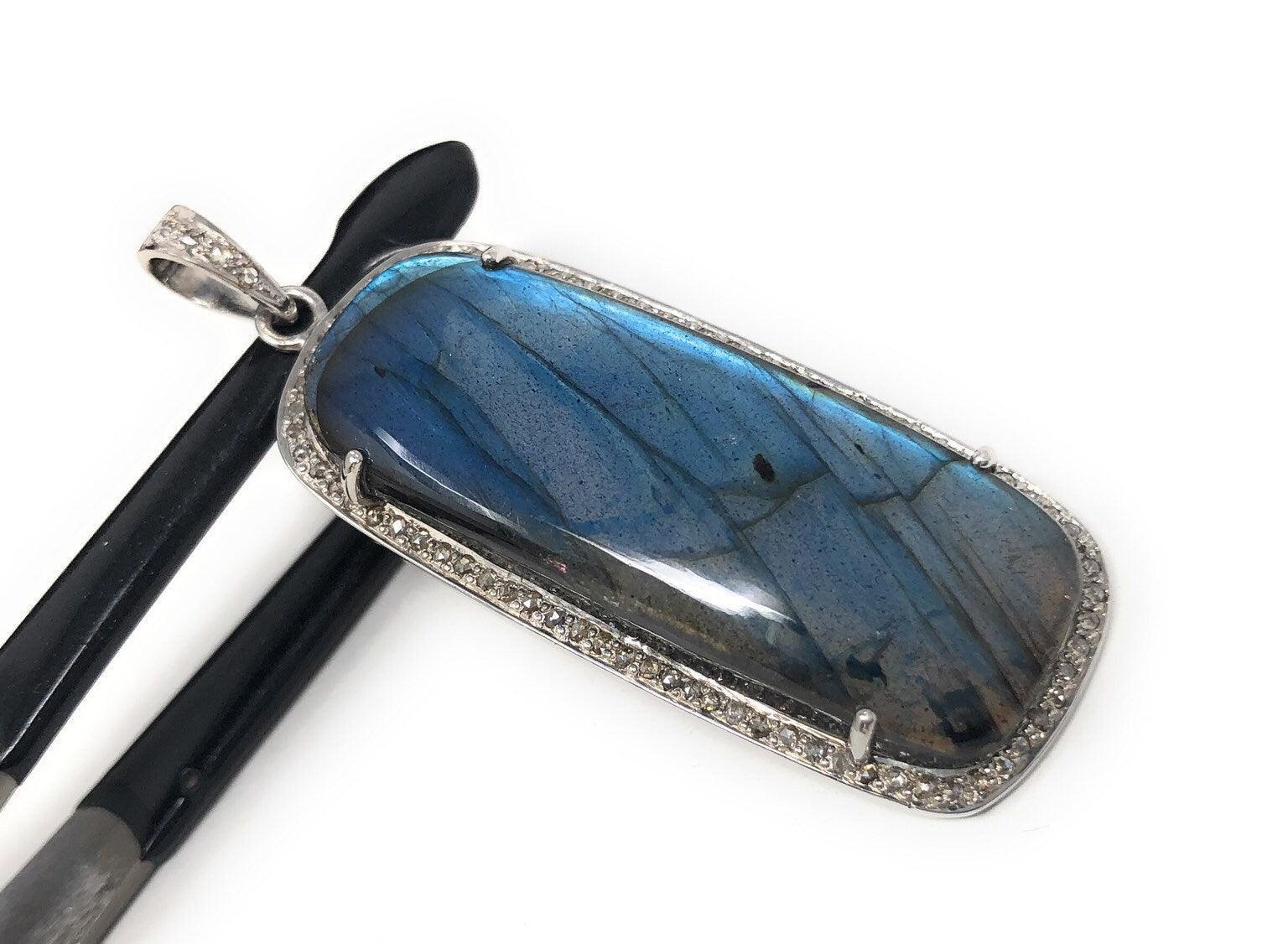 Labradorite Pave Diamond Pendant, Labradorite Gemstone Pendant, Sterli - VirtuousWares:Global