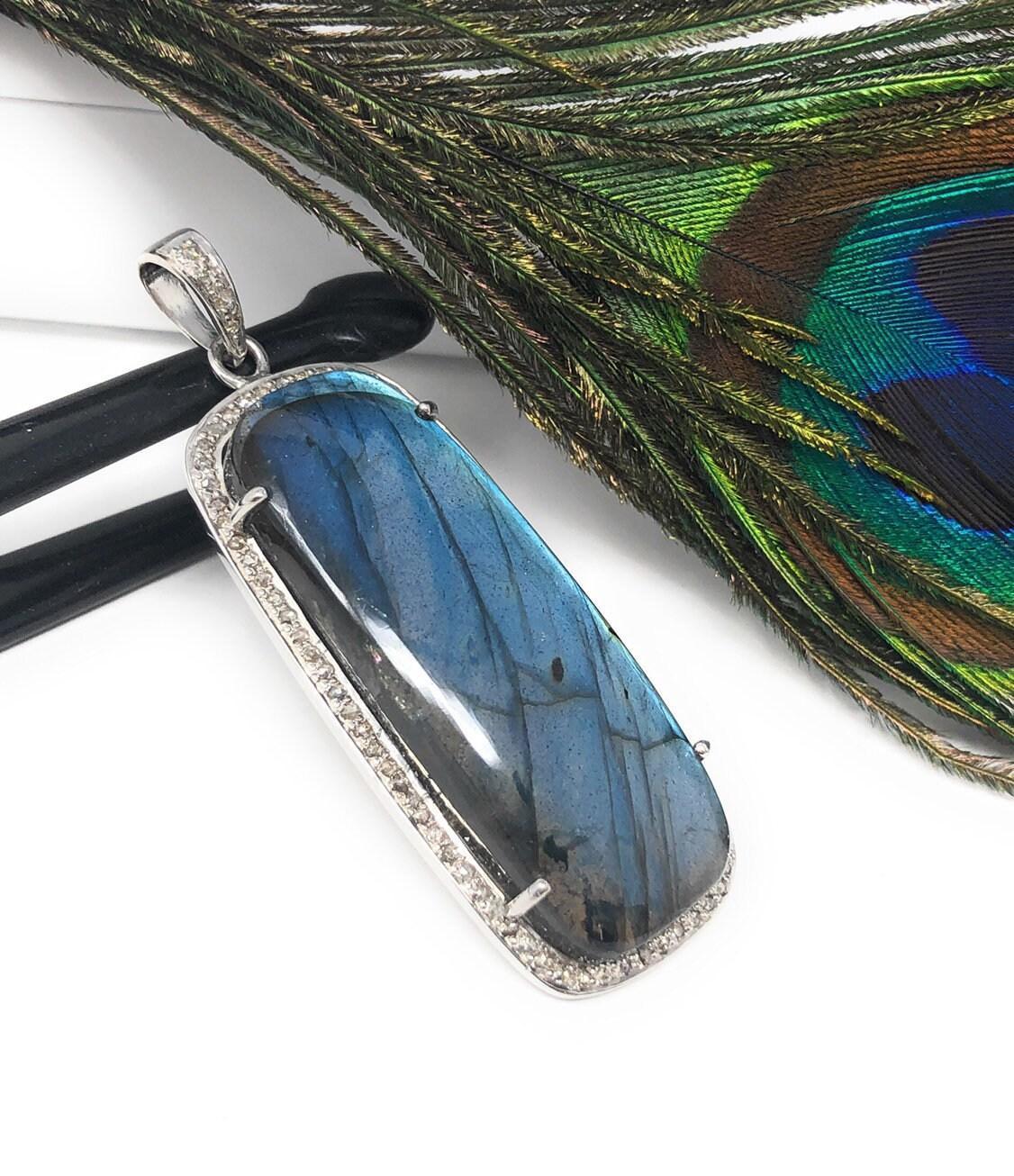 Labradorite Pave Diamond Pendant, Labradorite Gemstone Pendant, Sterli - VirtuousWares:Global