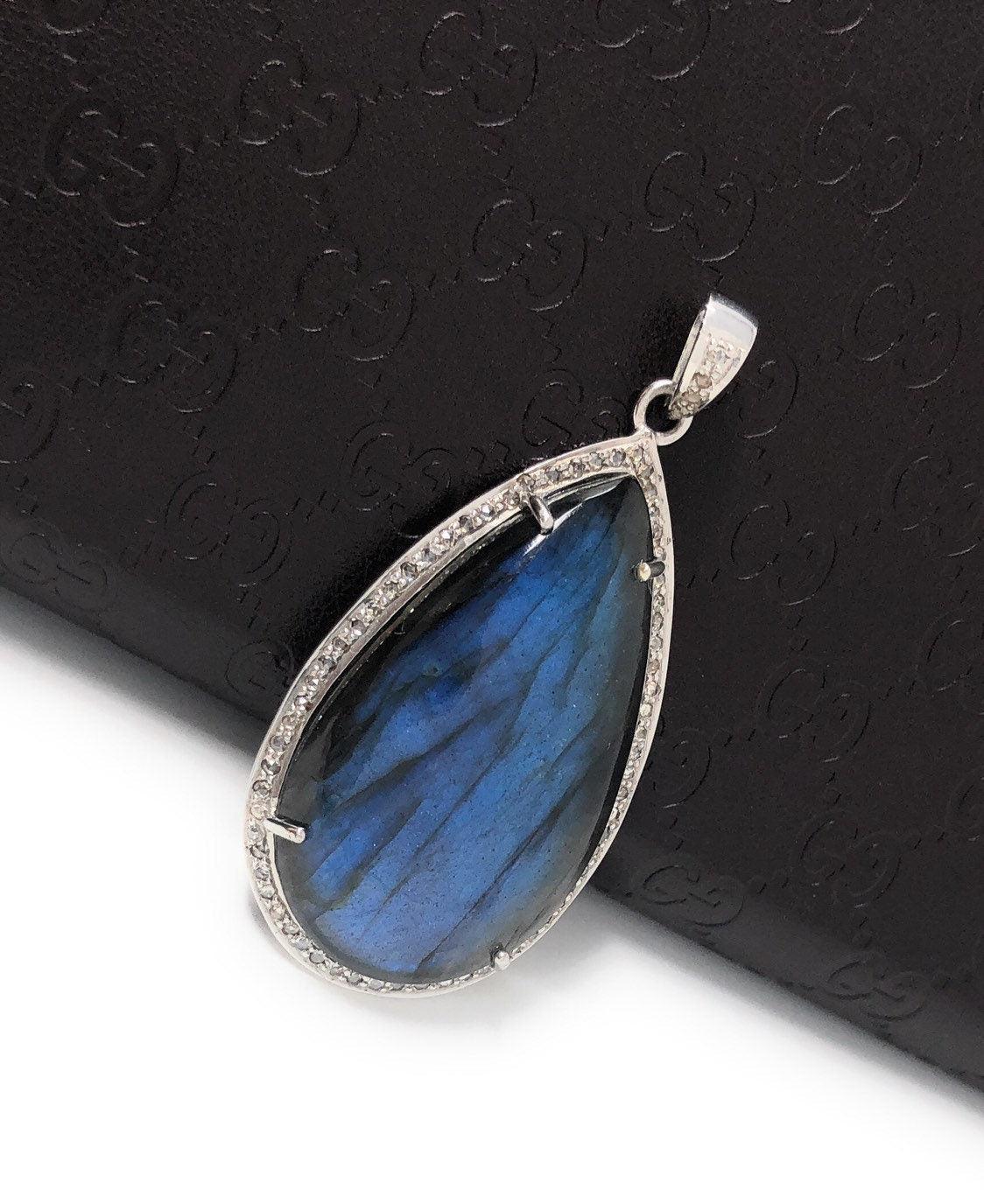 Labradorite Pave Diamond Pendant, Labradorite Gemstone Pendant, - VirtuousWares:Global