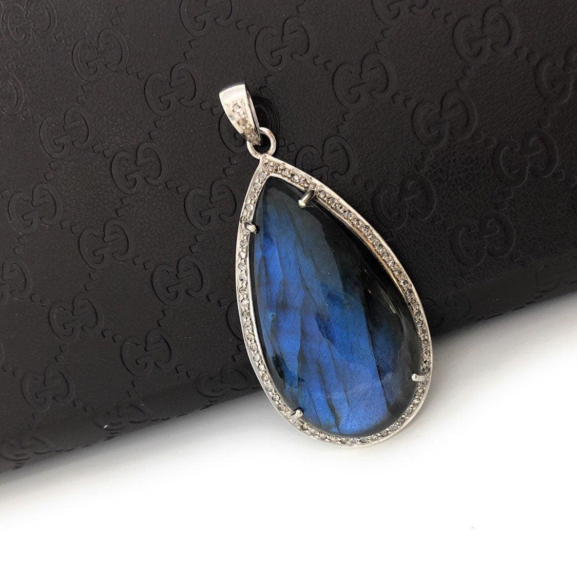Labradorite Pave Diamond Pendant, Labradorite Gemstone Pendant, - VirtuousWares:Global