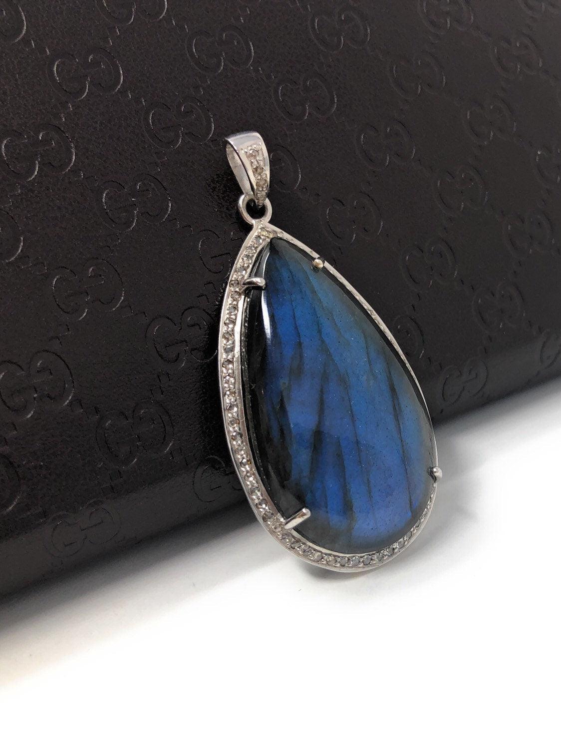 Labradorite Pave Diamond Pendant, Labradorite Gemstone Pendant, - VirtuousWares:Global