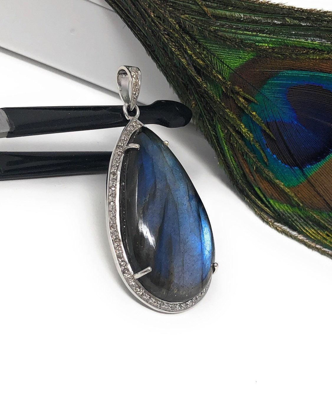 Labradorite Pave Diamond Pendant, Labradorite Gemstone Pendant, - VirtuousWares:Global