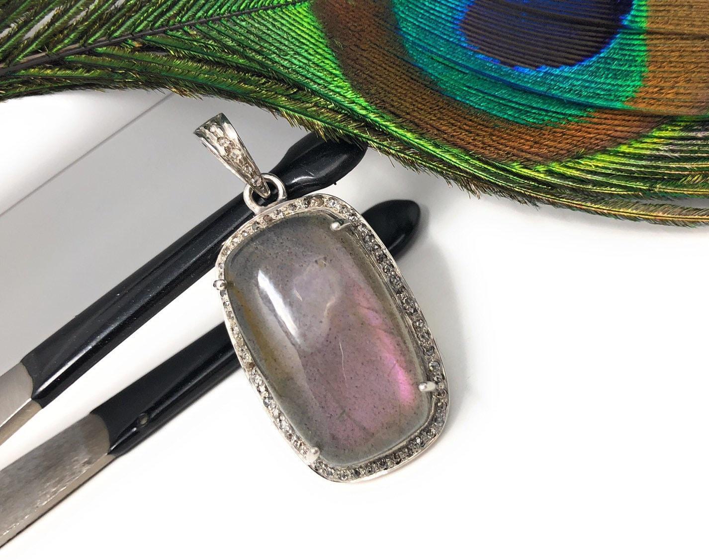 Labradorite Pendant, Gemstone Pendant, Diamond Pendant, Sterling - VirtuousWares:Global