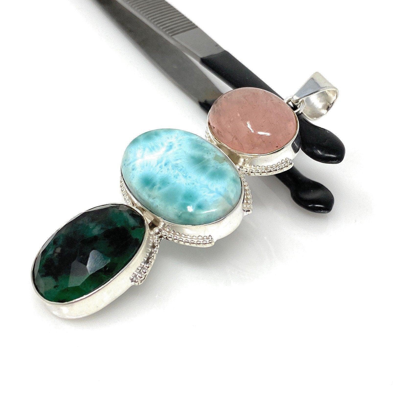 Larimar Gemstone Pendant with Emerald and Morganite , Wire Wrapped - VirtuousWares:Global