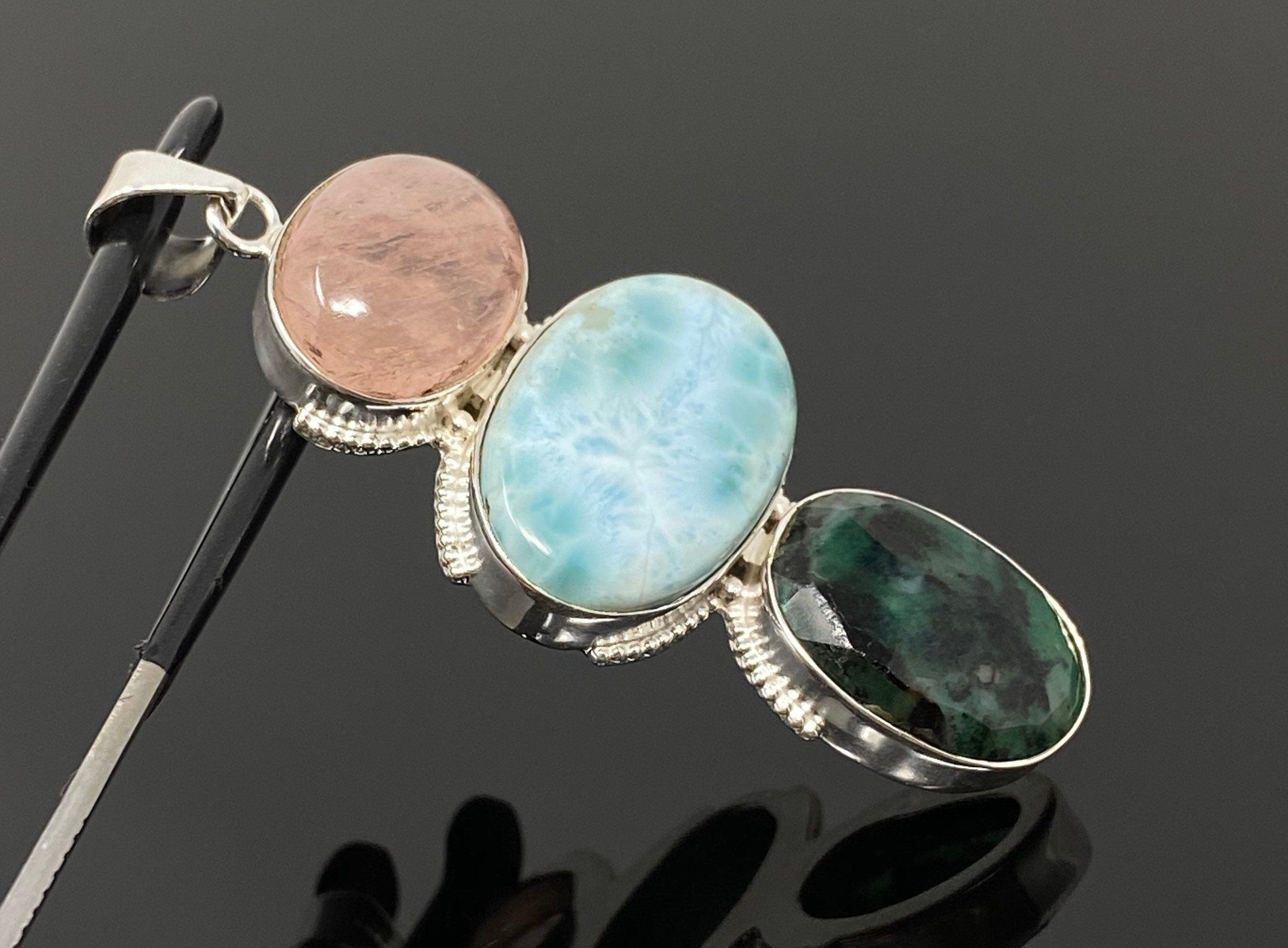 Larimar Gemstone Pendant with Emerald and Morganite , Wire Wrapped - VirtuousWares:Global