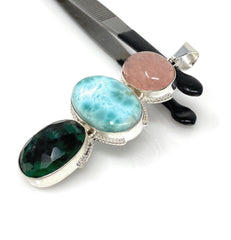 Larimar Gemstone Pendant with Emerald and Morganite , Wire Wrapped - VirtuousWares:Global