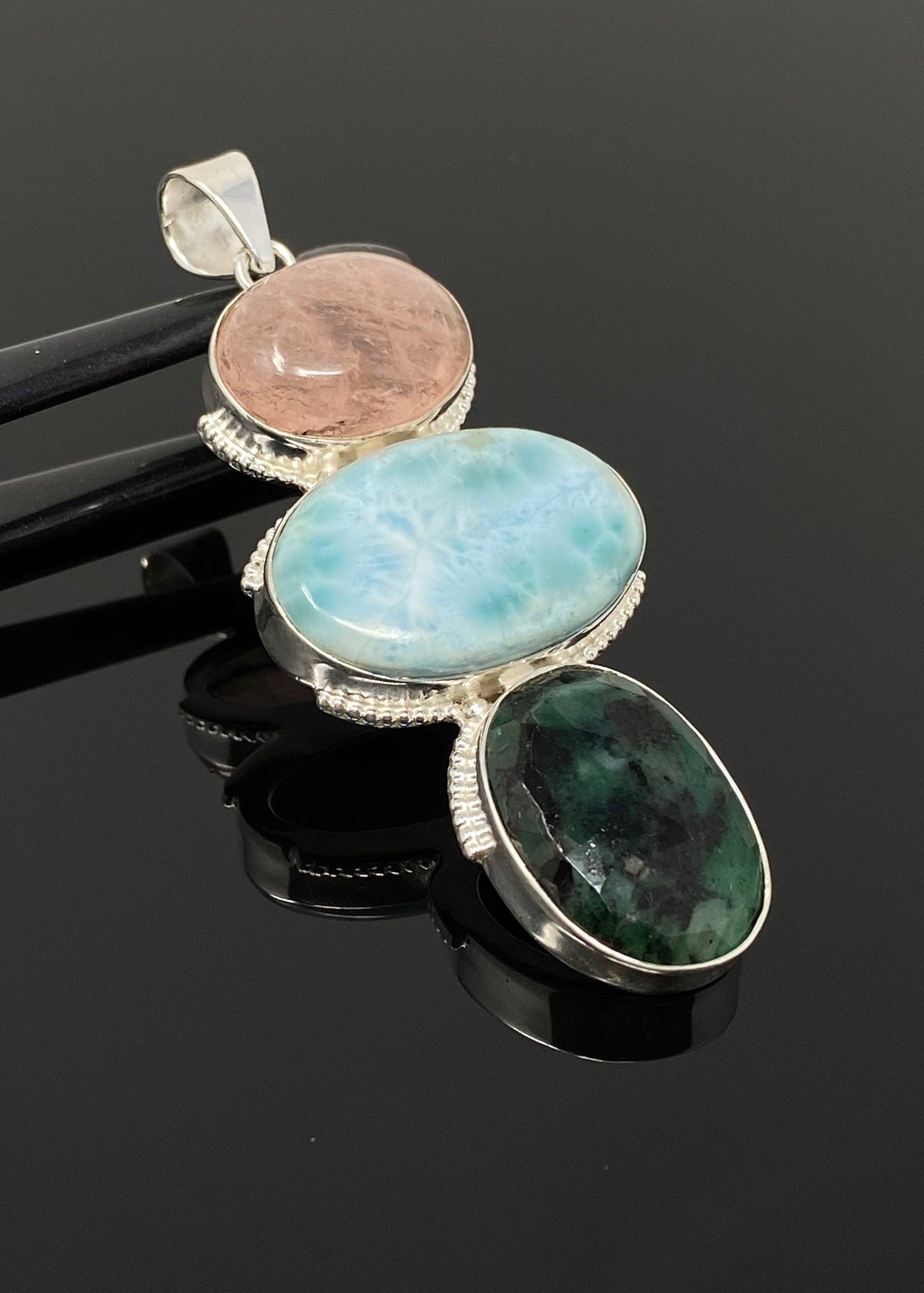 Larimar Gemstone Pendant with Emerald and Morganite , Wire Wrapped - VirtuousWares:Global