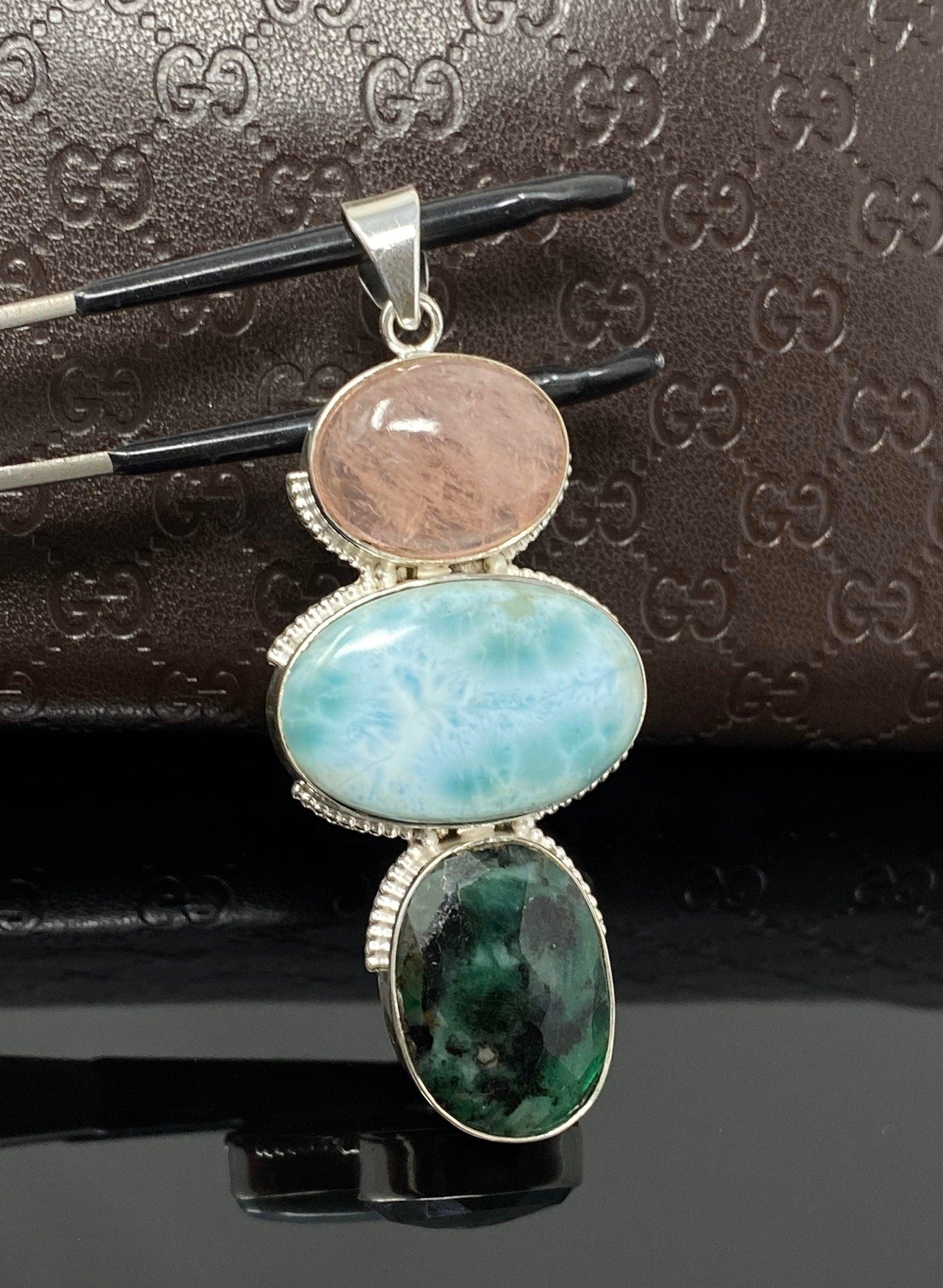 Larimar Gemstone Pendant with Emerald and Morganite , Wire Wrapped - VirtuousWares:Global