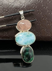 Larimar Gemstone Pendant with Emerald and Morganite , Wire Wrapped - VirtuousWares:Global