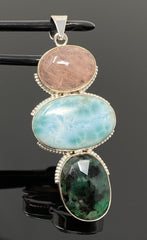 Larimar Gemstone Pendant with Emerald and Morganite , Wire Wrapped - VirtuousWares:Global