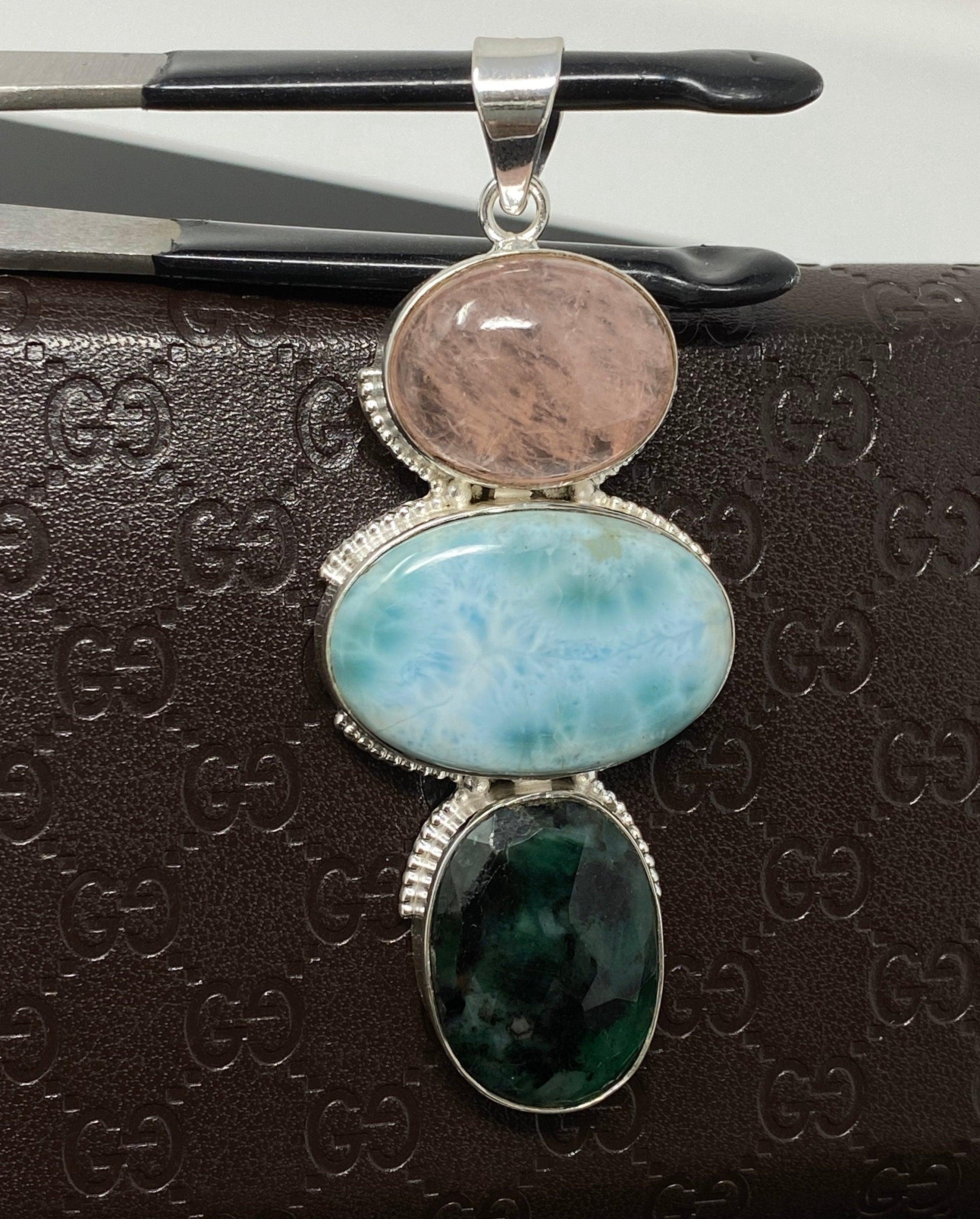 Larimar Gemstone Pendant with Emerald and Morganite , Wire Wrapped - VirtuousWares:Global