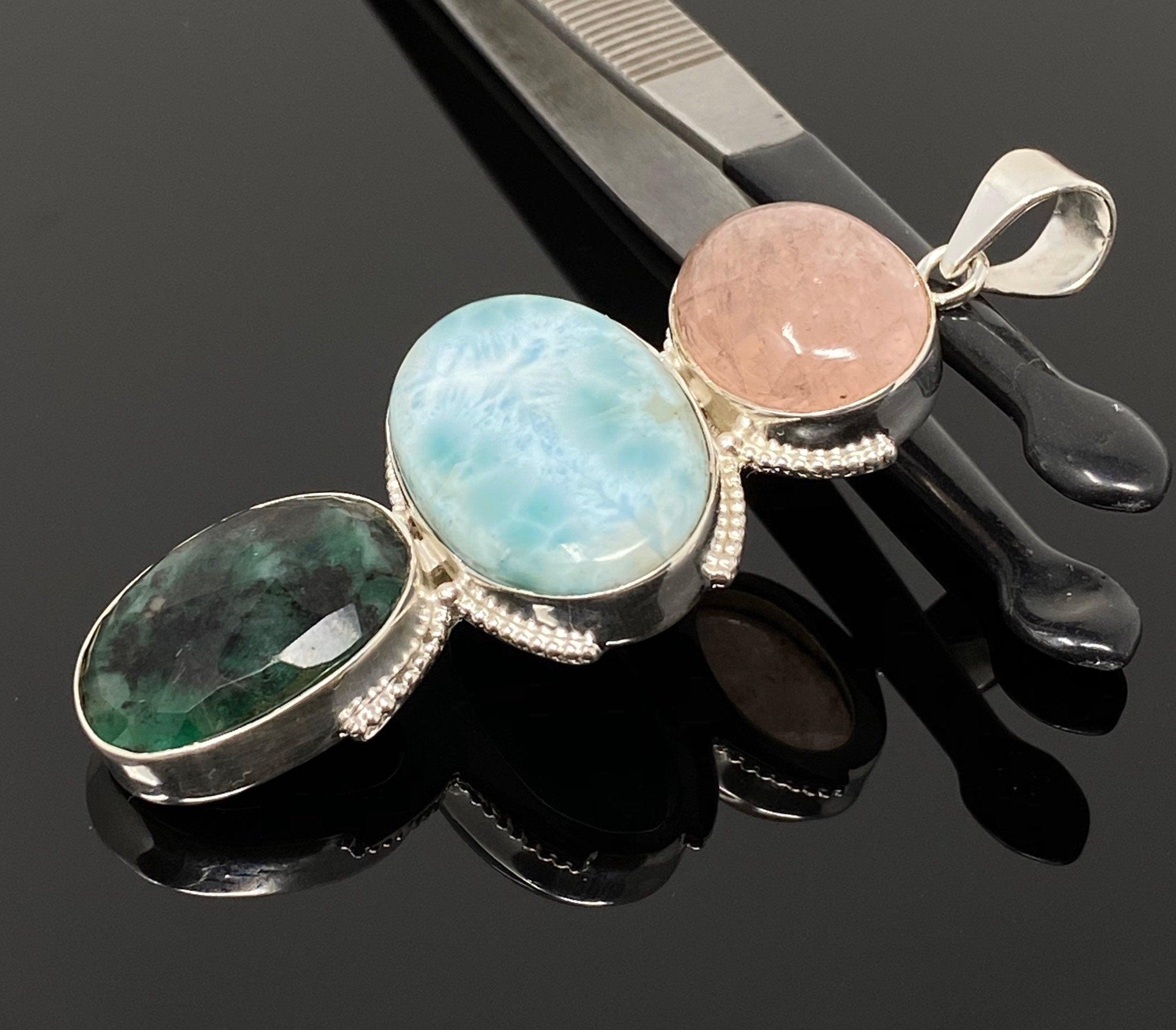 Larimar Gemstone Pendant with Emerald and Morganite , Wire Wrapped - VirtuousWares:Global