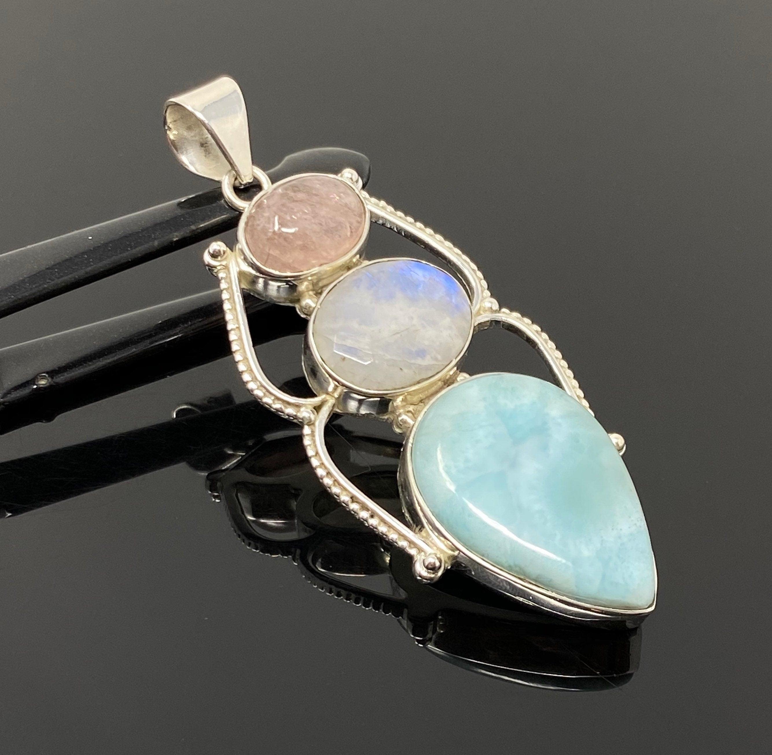 Larimar Gemstone Pendant with Morganite and Moonstone , Wire Wrapped - VirtuousWares:Global