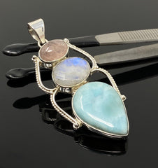 Larimar Gemstone Pendant with Morganite and Moonstone , Wire Wrapped - VirtuousWares:Global