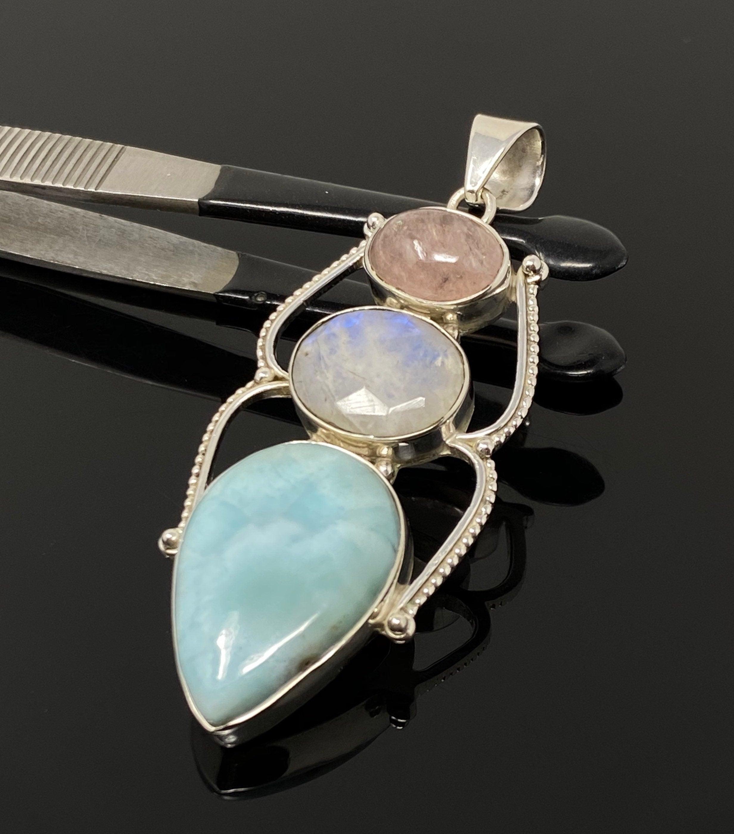 Larimar Gemstone Pendant with Morganite and Moonstone , Wire Wrapped - VirtuousWares:Global