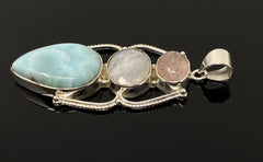 Larimar Gemstone Pendant with Morganite and Moonstone , Wire Wrapped - VirtuousWares:Global