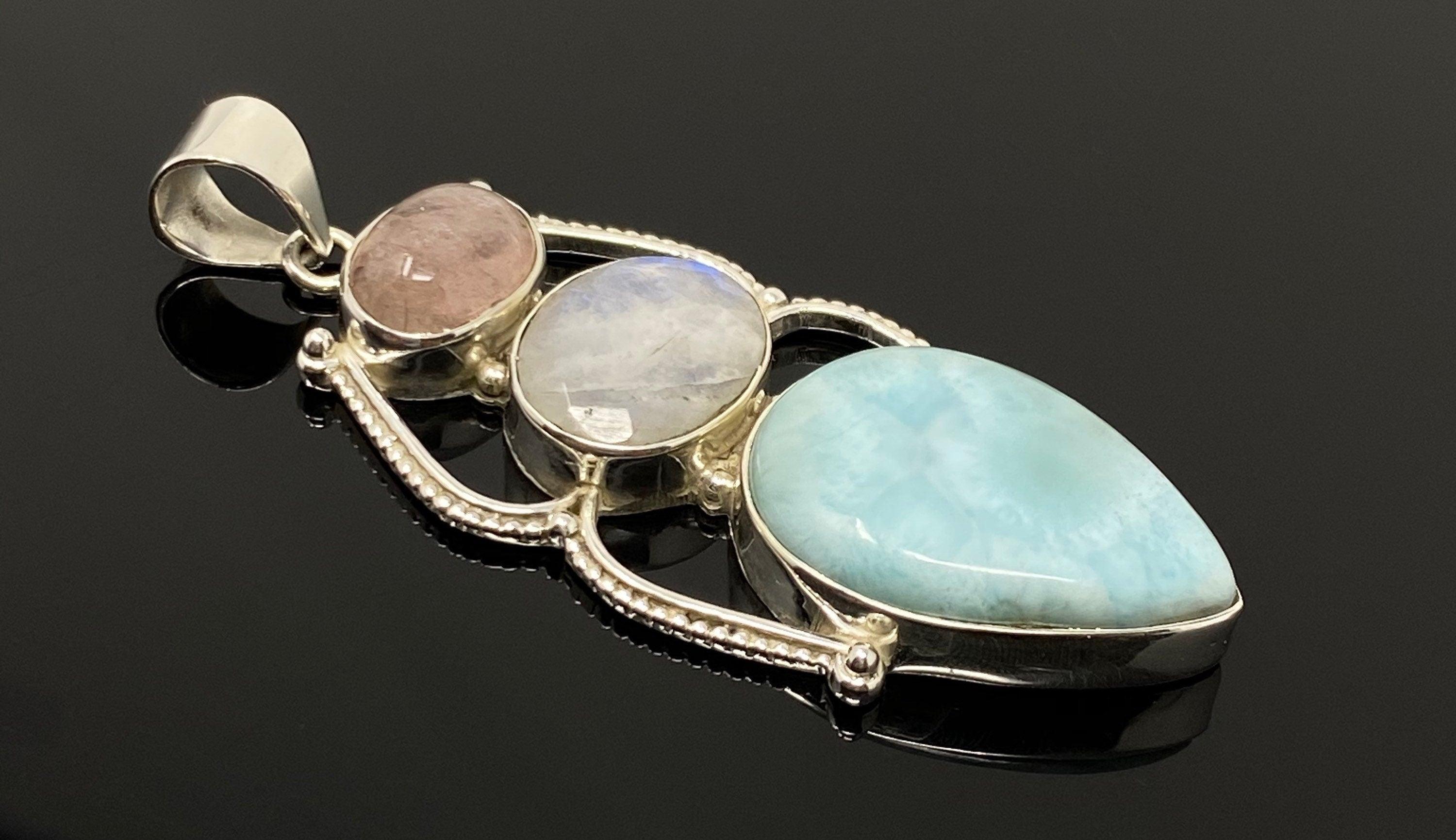 Larimar Gemstone Pendant with Morganite and Moonstone , Wire Wrapped - VirtuousWares:Global