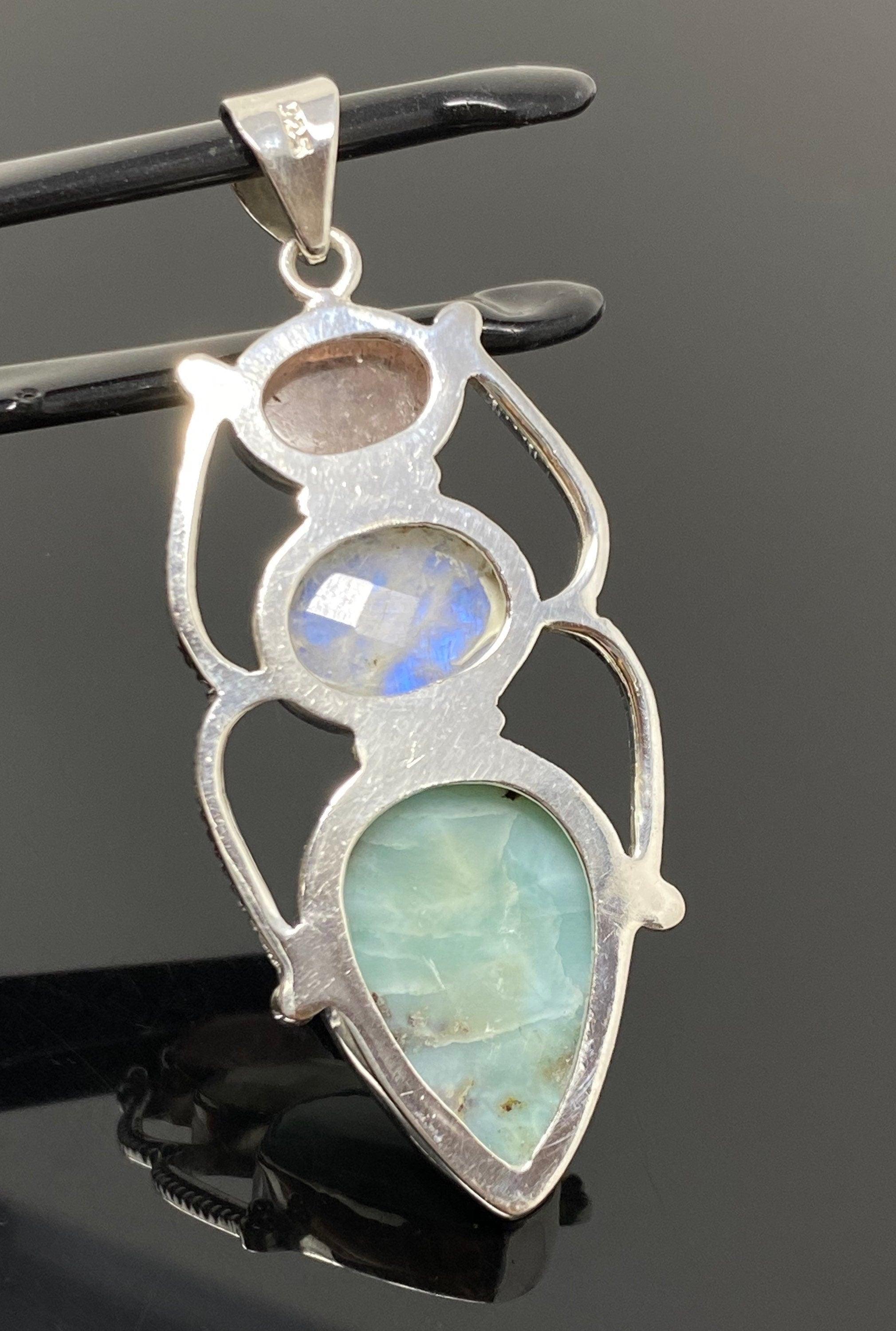 Larimar Gemstone Pendant with Morganite and Moonstone , Wire Wrapped - VirtuousWares:Global