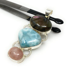 Larimar Gemstone Pendant with Purple Flash Labradorite and Morganite , - VirtuousWares:Global