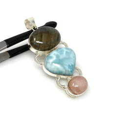Larimar Gemstone Pendant with Purple Flash Labradorite and Morganite , - VirtuousWares:Global