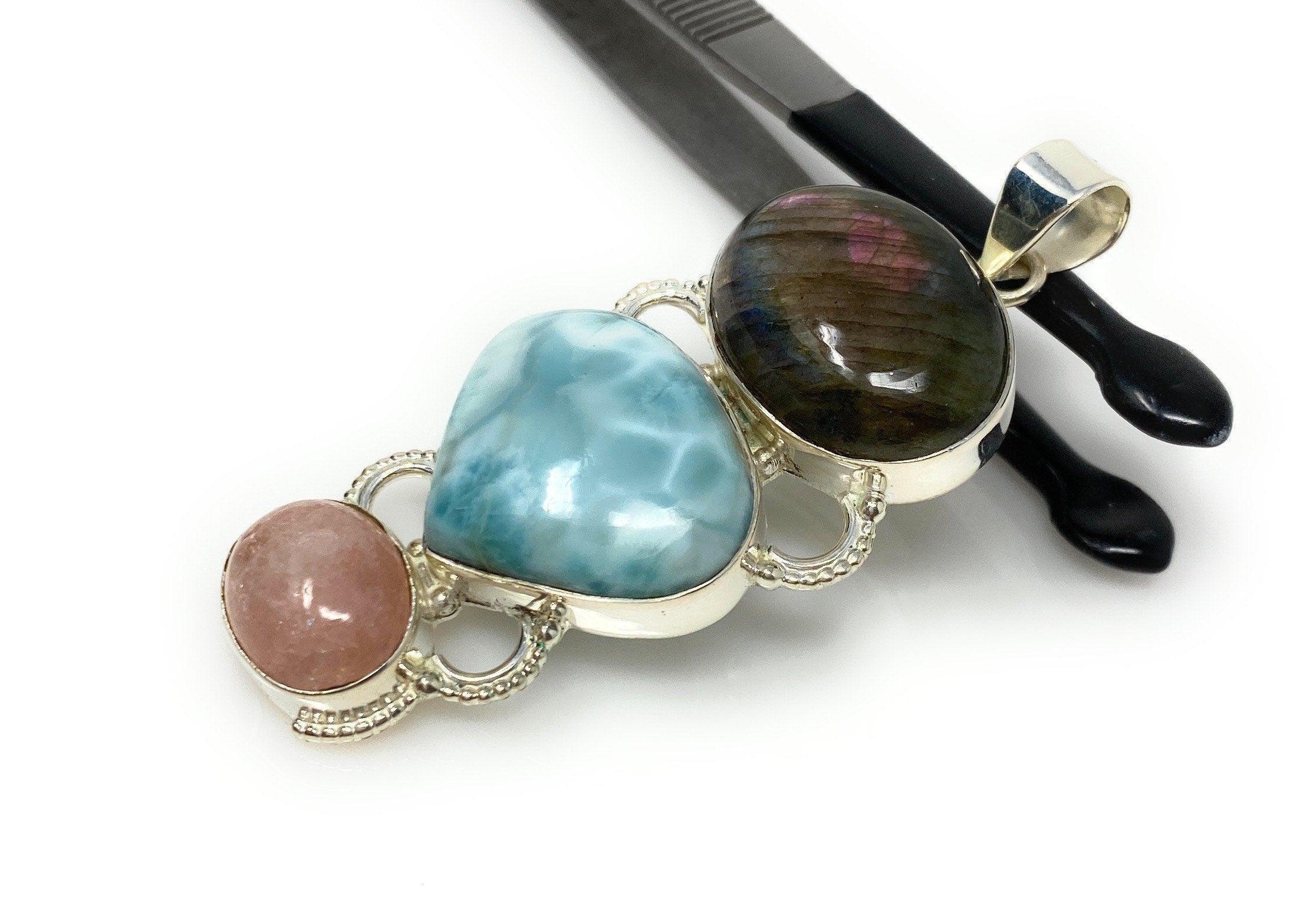 Larimar Gemstone Pendant with Purple Flash Labradorite and Morganite , - VirtuousWares:Global
