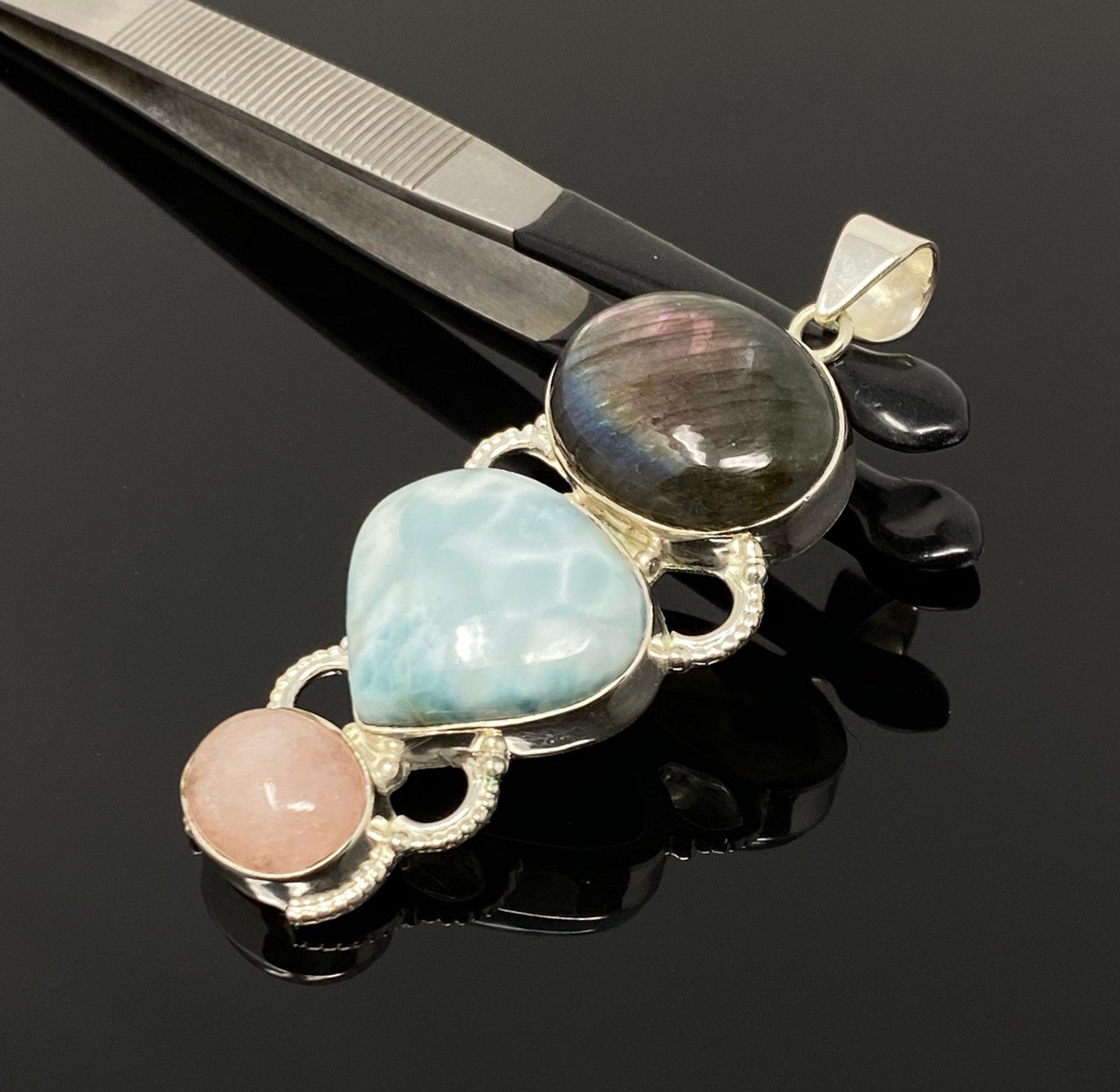 Larimar Gemstone Pendant with Purple Flash Labradorite and Morganite , - VirtuousWares:Global