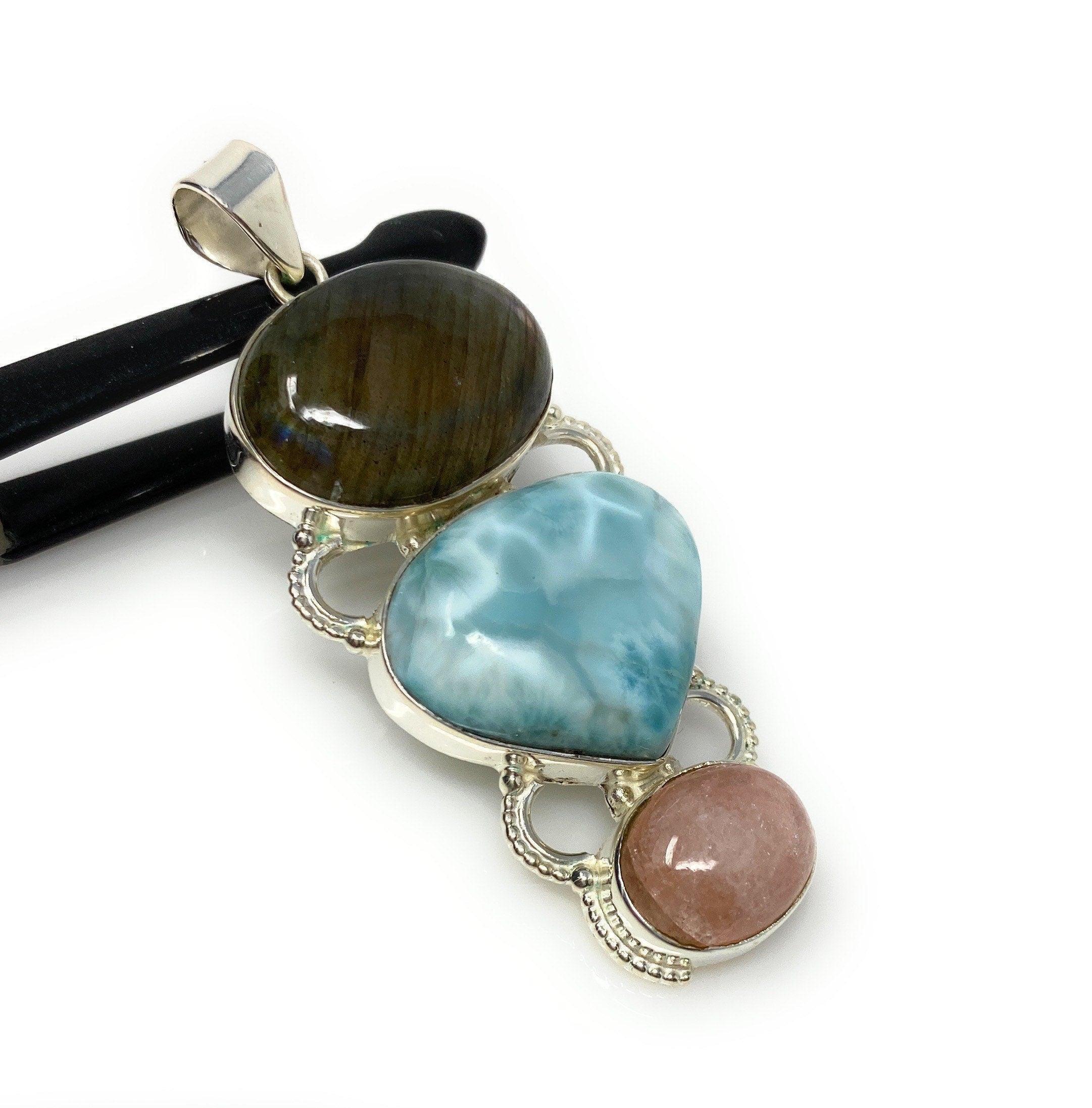 Larimar Gemstone Pendant with Purple Flash Labradorite and Morganite , - VirtuousWares:Global