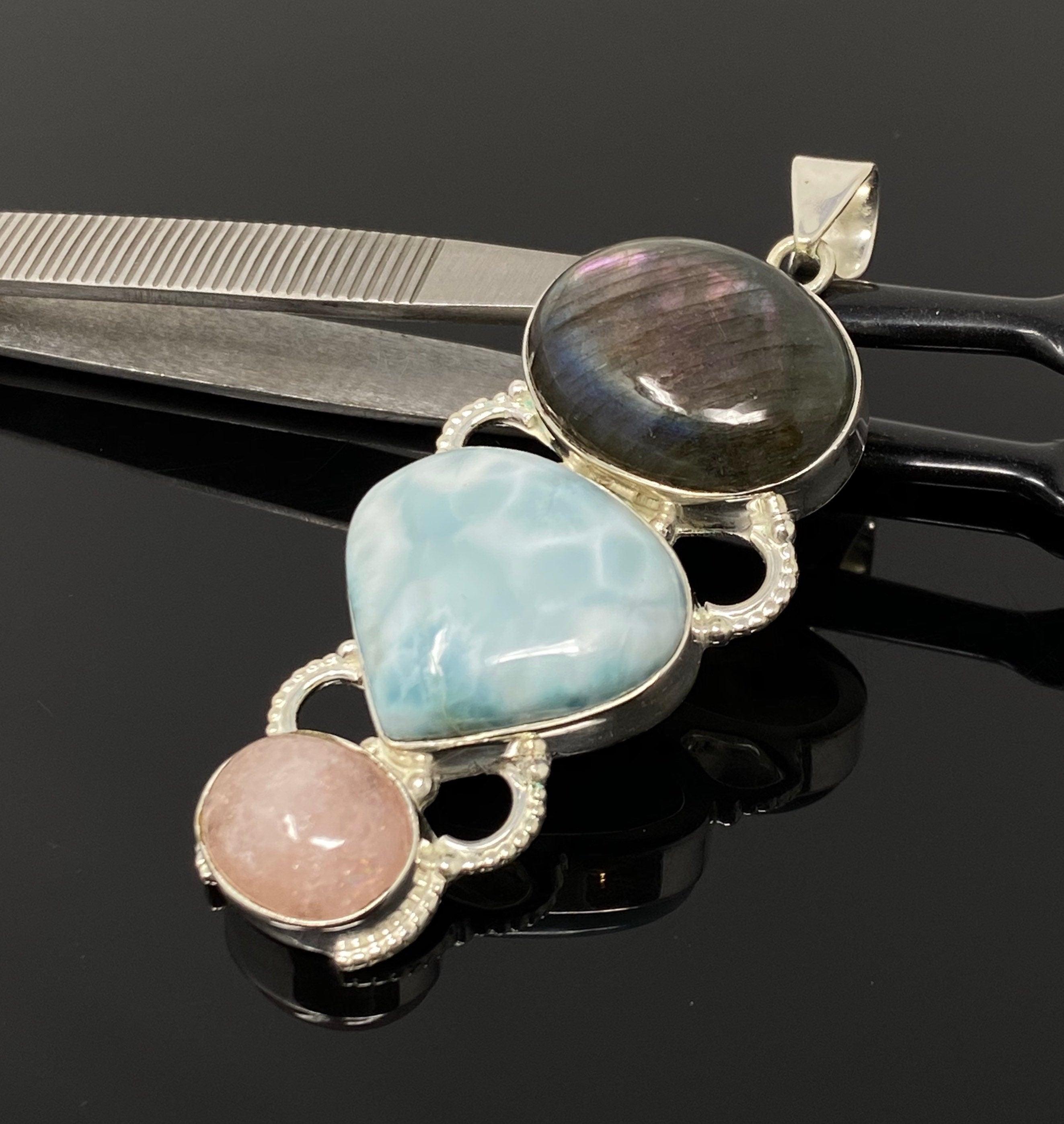 Larimar Gemstone Pendant with Purple Flash Labradorite and Morganite , - VirtuousWares:Global