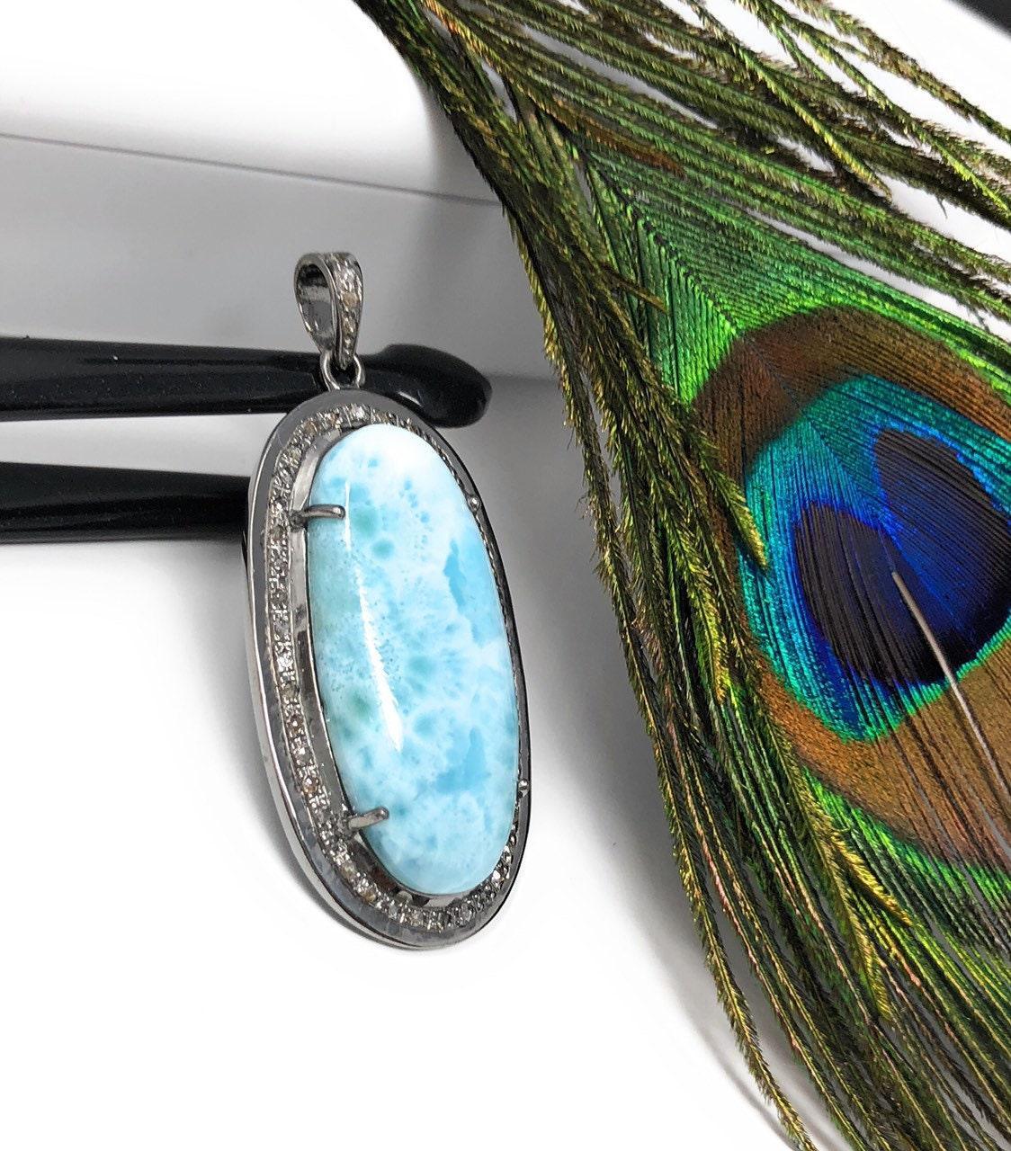 Larimar Pendant, Gemstone Pendant, Silver Pendant, Natural Larimar, - VirtuousWares:Global