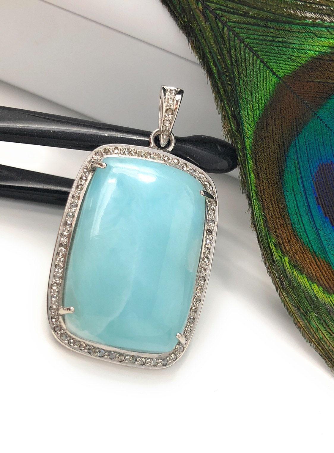 Larimar Pendant, Gemstone Pendant, Silver Pendant, Natural Larimar, - VirtuousWares:Global
