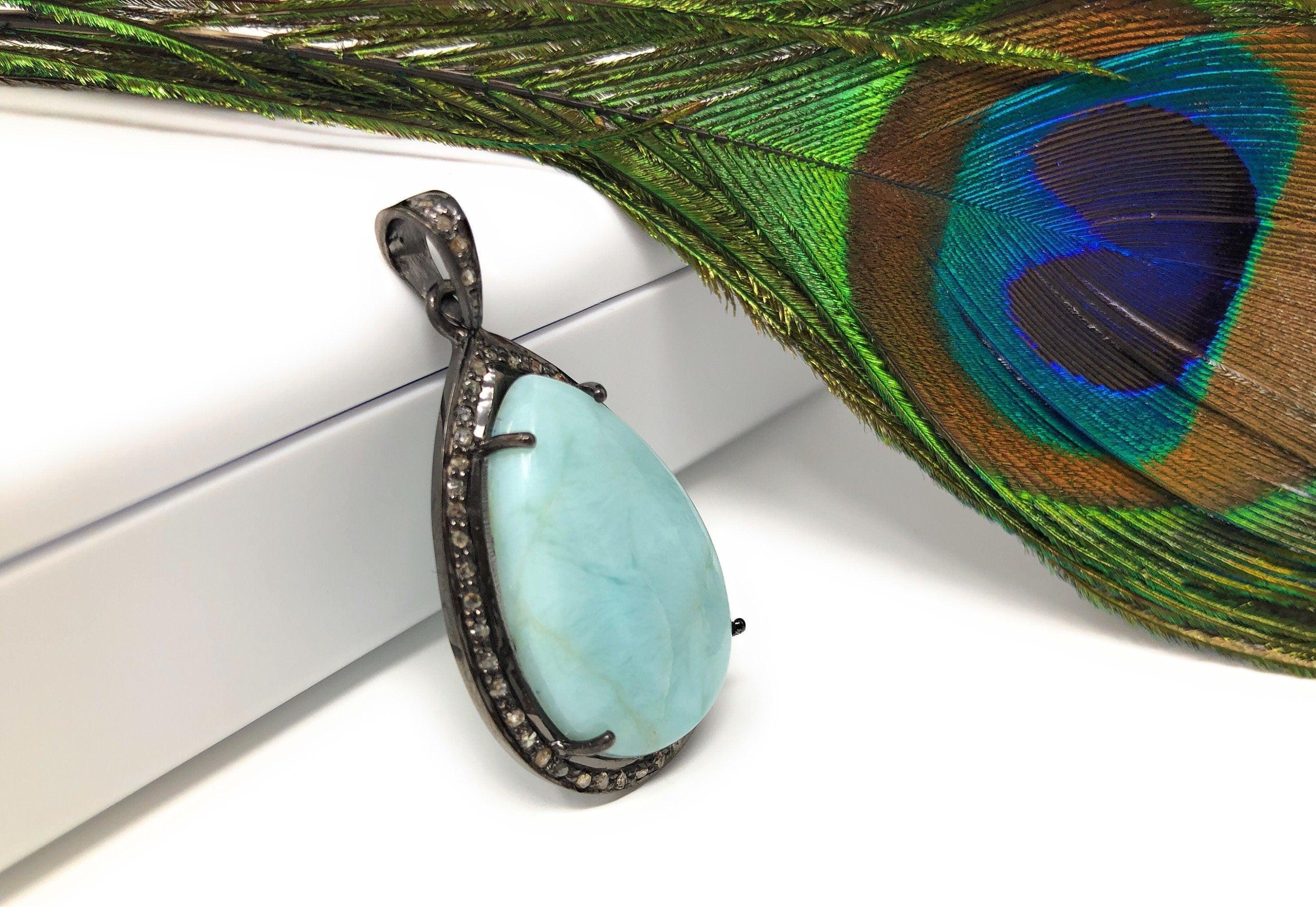 Larimar Pendant, Gemstone Pendant, Silver Pendant, Natural Larimar, - VirtuousWares:Global