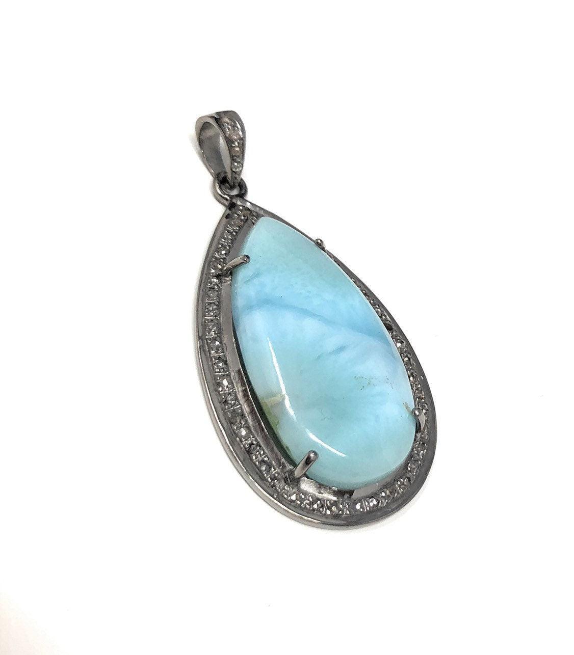 Larimar Pendant, Gemstone Pendant, Sterling Silver Diamond Pendant, - VirtuousWares:Global