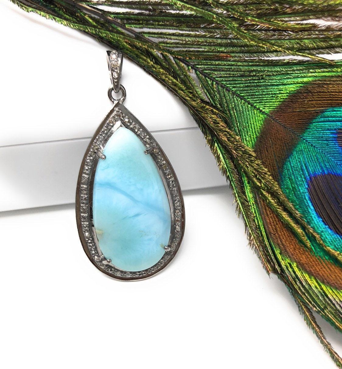 Larimar Pendant, Gemstone Pendant, Sterling Silver Diamond Pendant, - VirtuousWares:Global