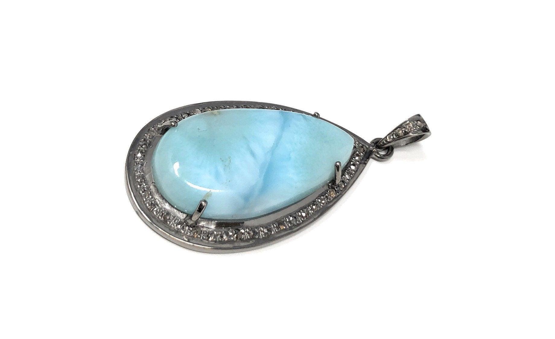 Larimar Pendant, Gemstone Pendant, Sterling Silver Diamond Pendant, - VirtuousWares:Global